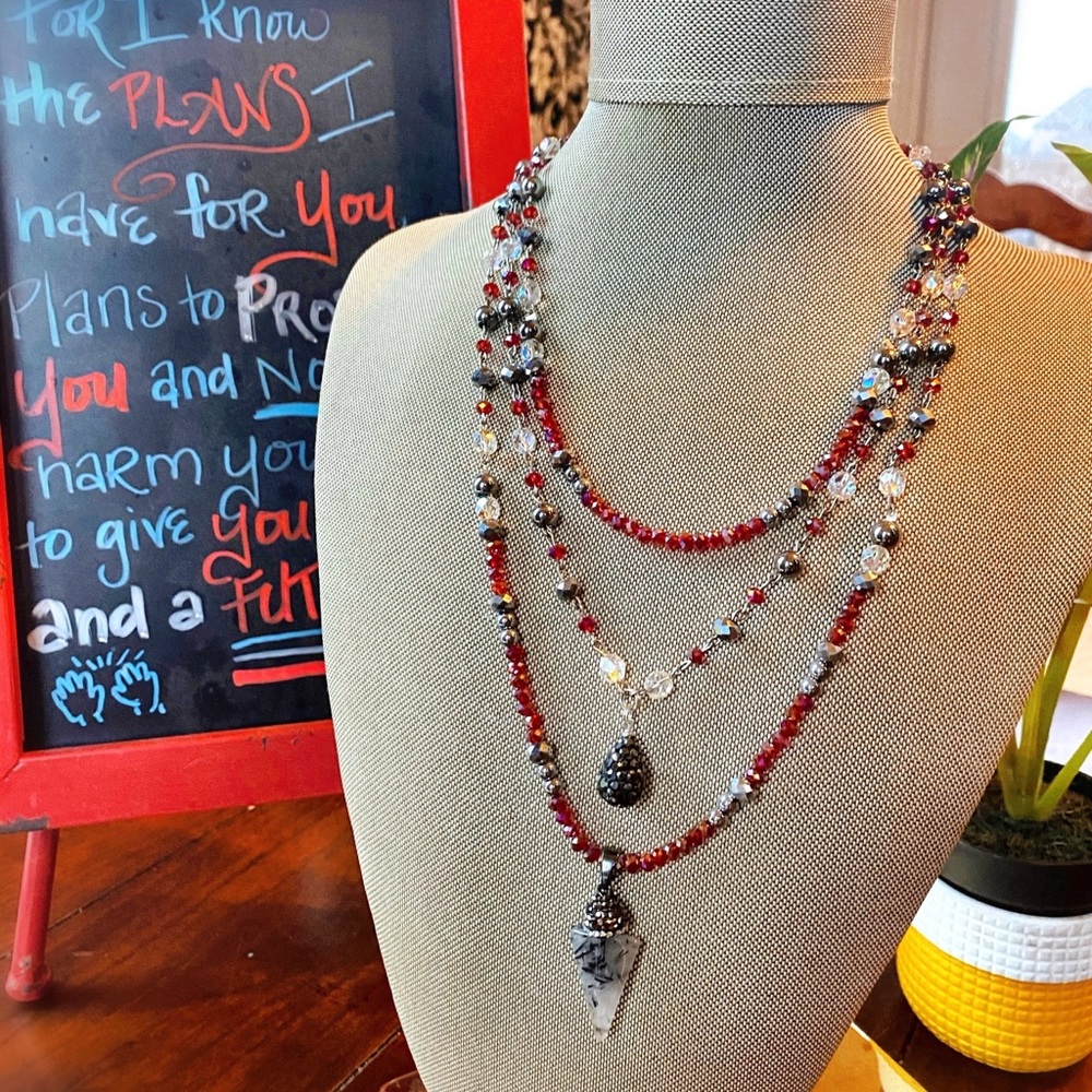 Handmade Layered Red and Black Beaded Necklace